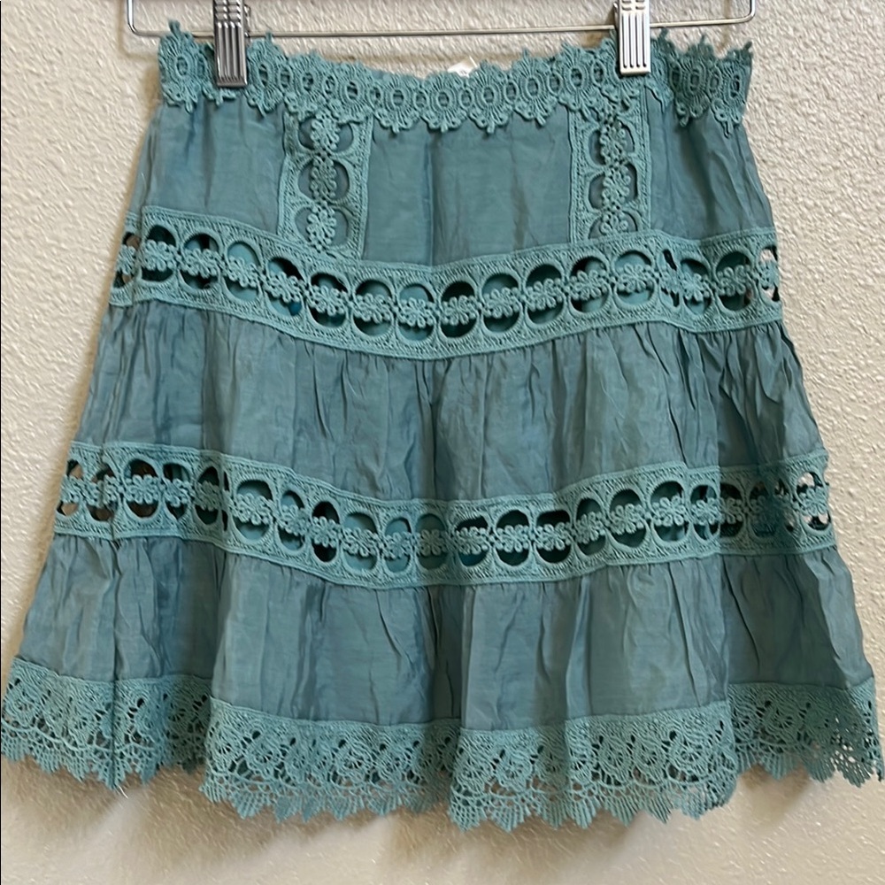 Elan Teal Mini Skater Skirt with Tiered Embellishments